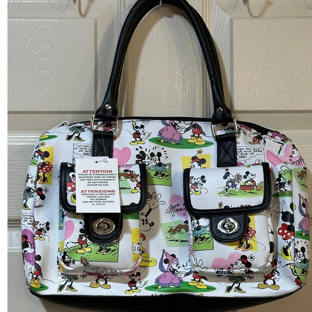 Disney Mickey Minnie Mouse Comic Print Satchel Bag White Black Faux Leather NWT